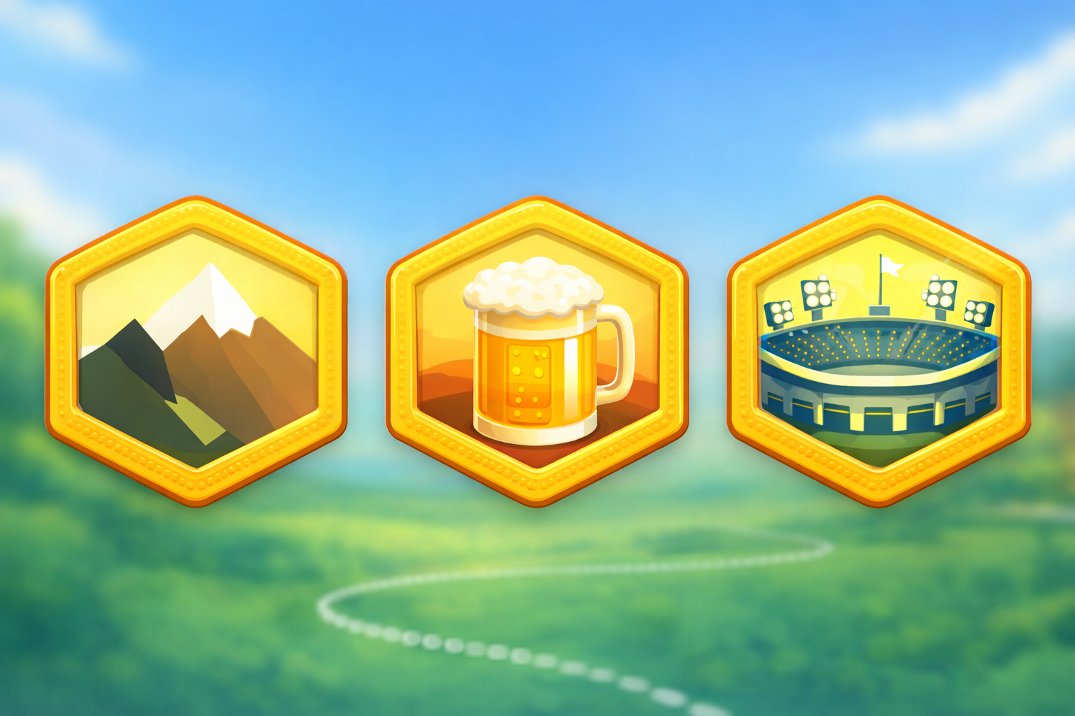 Example stamp badges: mountain, pub, stadium